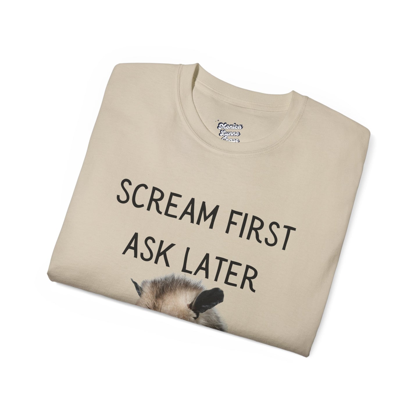 Funny Animal Tee - Scream First Ask Later Graphic Shirt for Animal Lovers, Cute Opossum Tee, Gift for Friends, Casual Wear, Summer Outfit