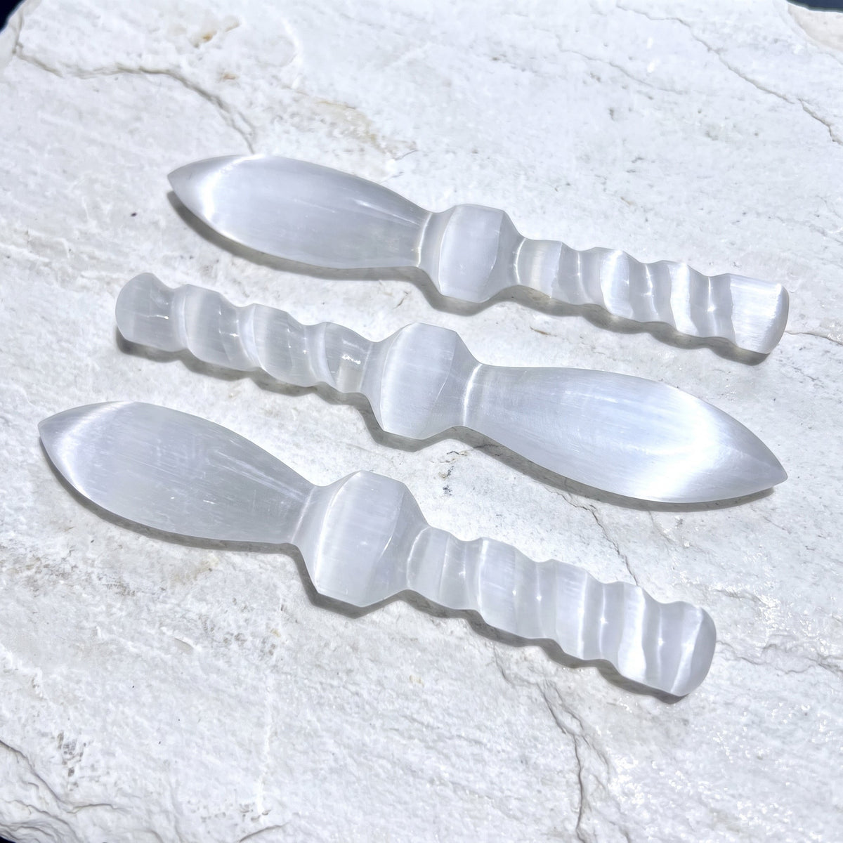 Selenite Satin Spar Crystal Decorative Knife Sword Dagger Spiral (7-8 Inches) Carving