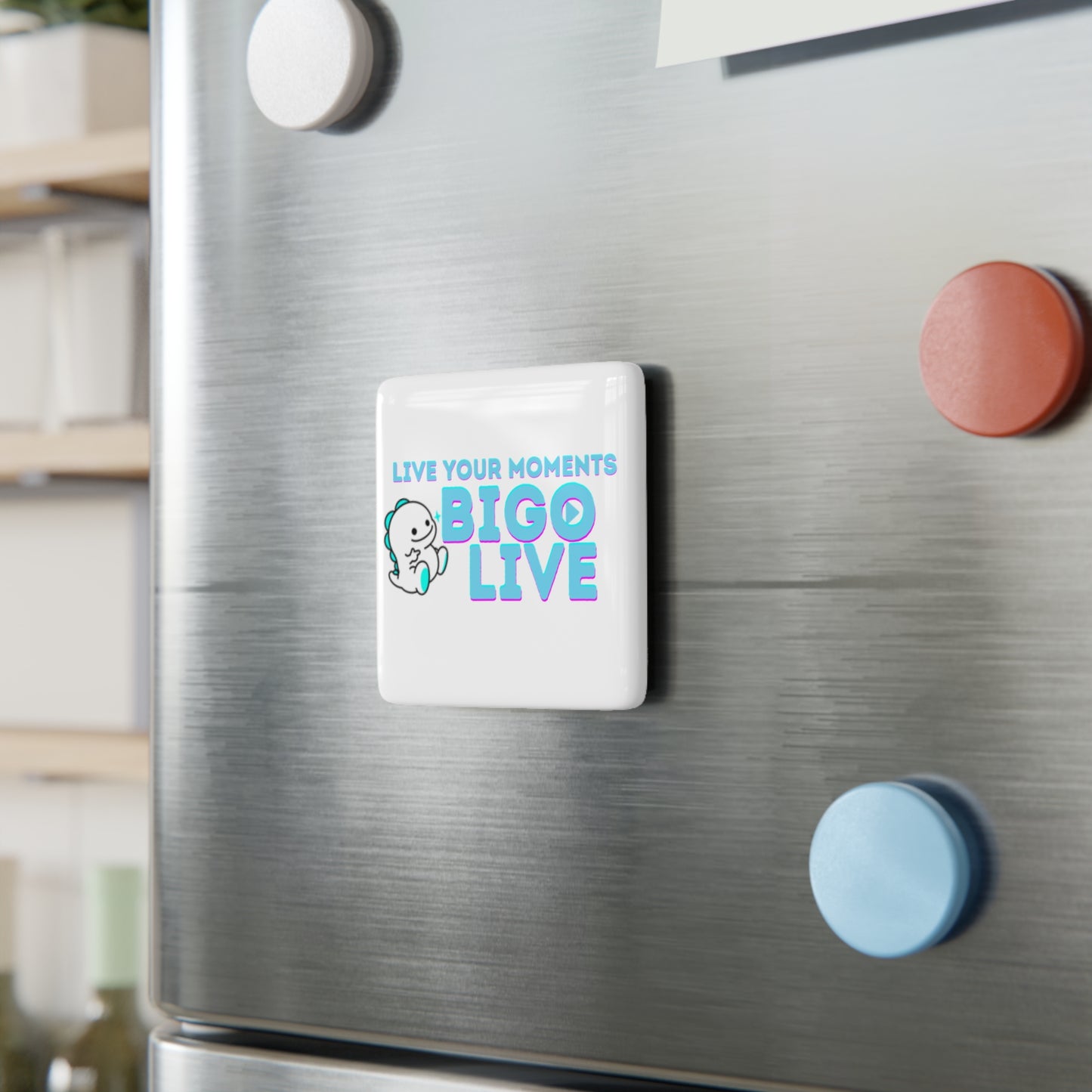 Cute BIGO Live Dino Porcelain Magnet - "Live Your Moments" Design by Monica Lynne Chase-Perfect gift for live-streamers and fans