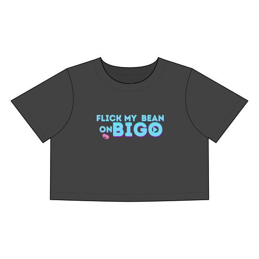 Faded Crop Top with Unfamous BIGO Flick My Bean quote, Cute Summer Top, Trendy Designer Tee, Fun Gift Streetwear by Monica Lynne Chase